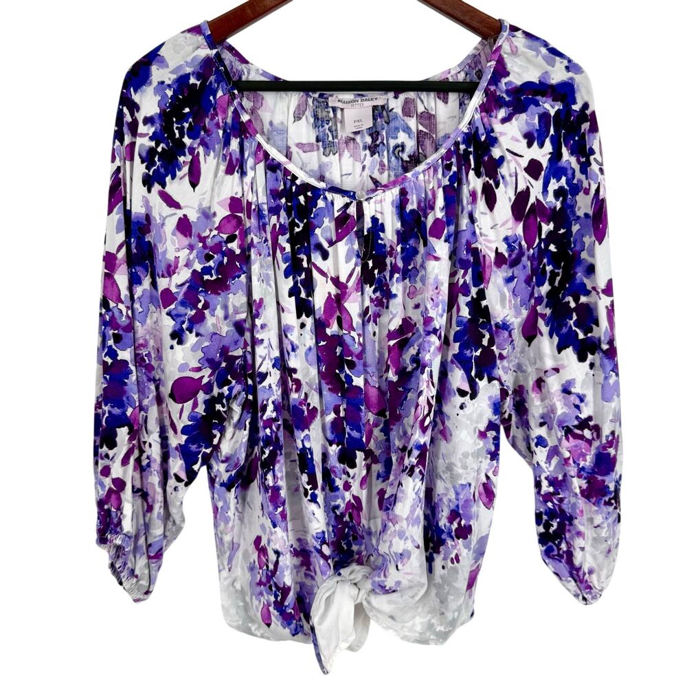 Allison Daley PXL Petites White Purple Floral Tropical Blouse Shirt Top Summer